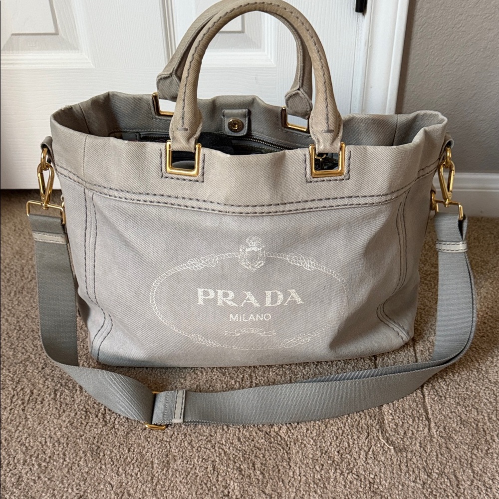 Authentic Prada Beige Canvas Tote with Gold Hardware